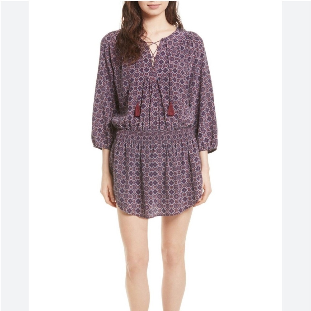 Joie Red Blue Currant Medallion Print Lace-Up Blouson Silk Size Medium